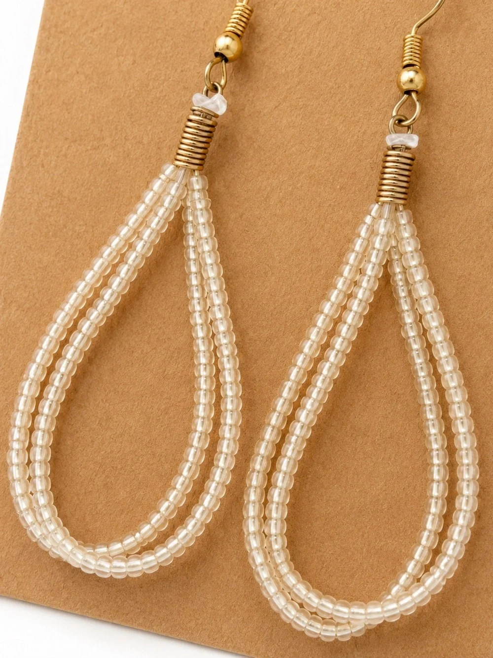 Ivory Seed Bead Teardrop Dangle Earrings Gold Tone Boho Handmade Boutique